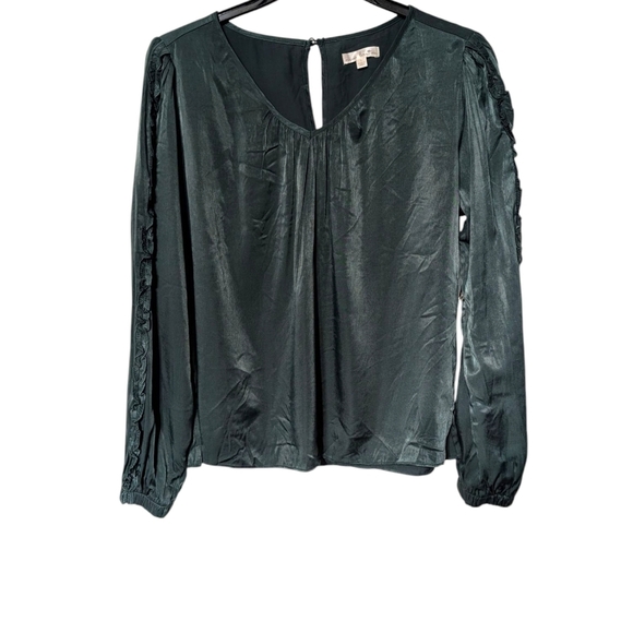 Nine Britton Green Silky Ruffle Trim Long Sleeve V-neck Blouse Size Large NWT - Picture 8 of 8